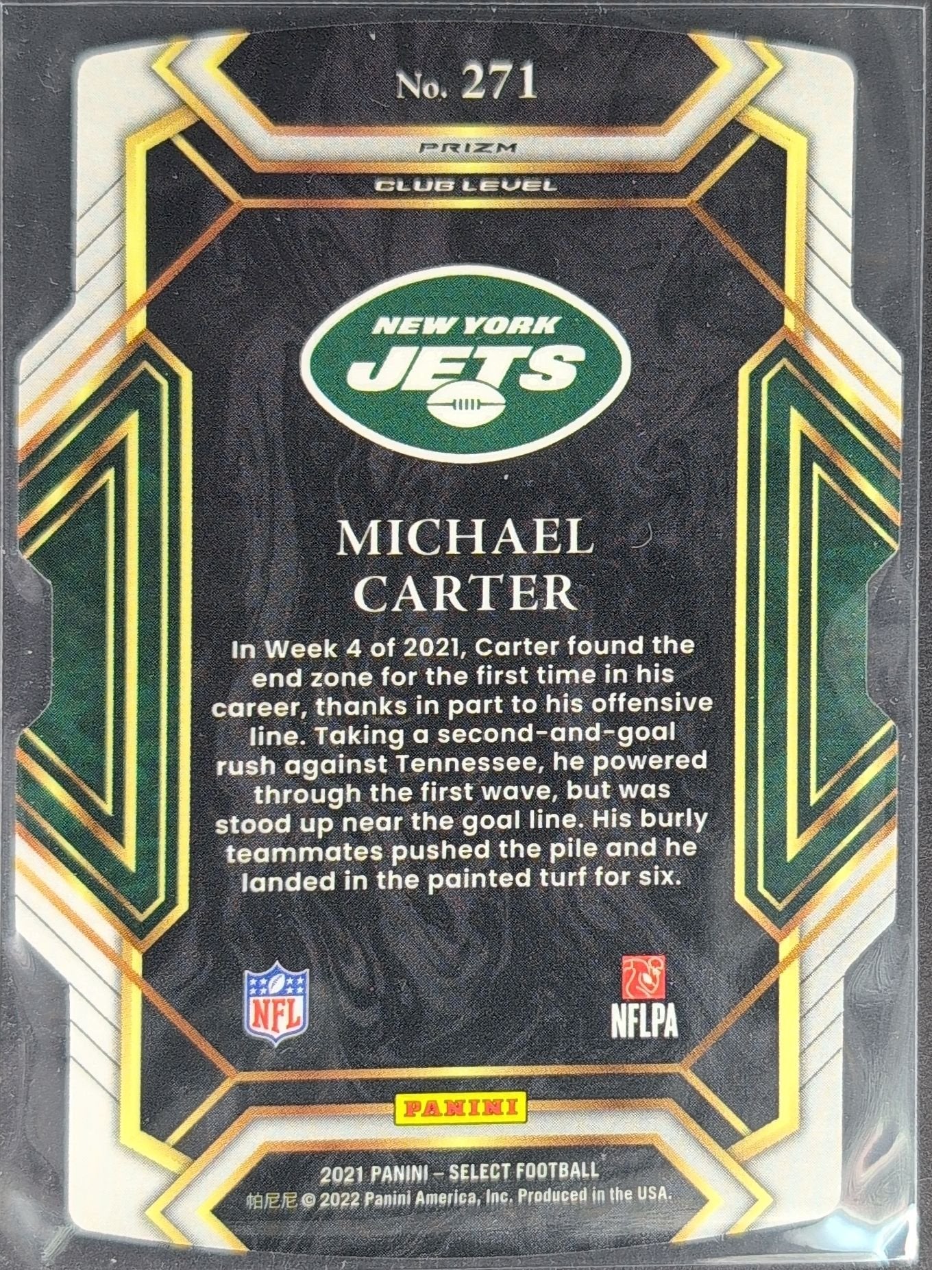 Michael Carter 2021 Panini Select #271 Green and Yellow Prizm Die Cut Rookie RC New York Jets - back image
