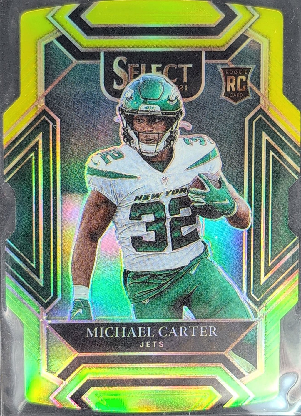 Michael Carter 2021 Panini Select #271 Green and Yellow Prizm Die Cut Rookie RC New York Jets - front image