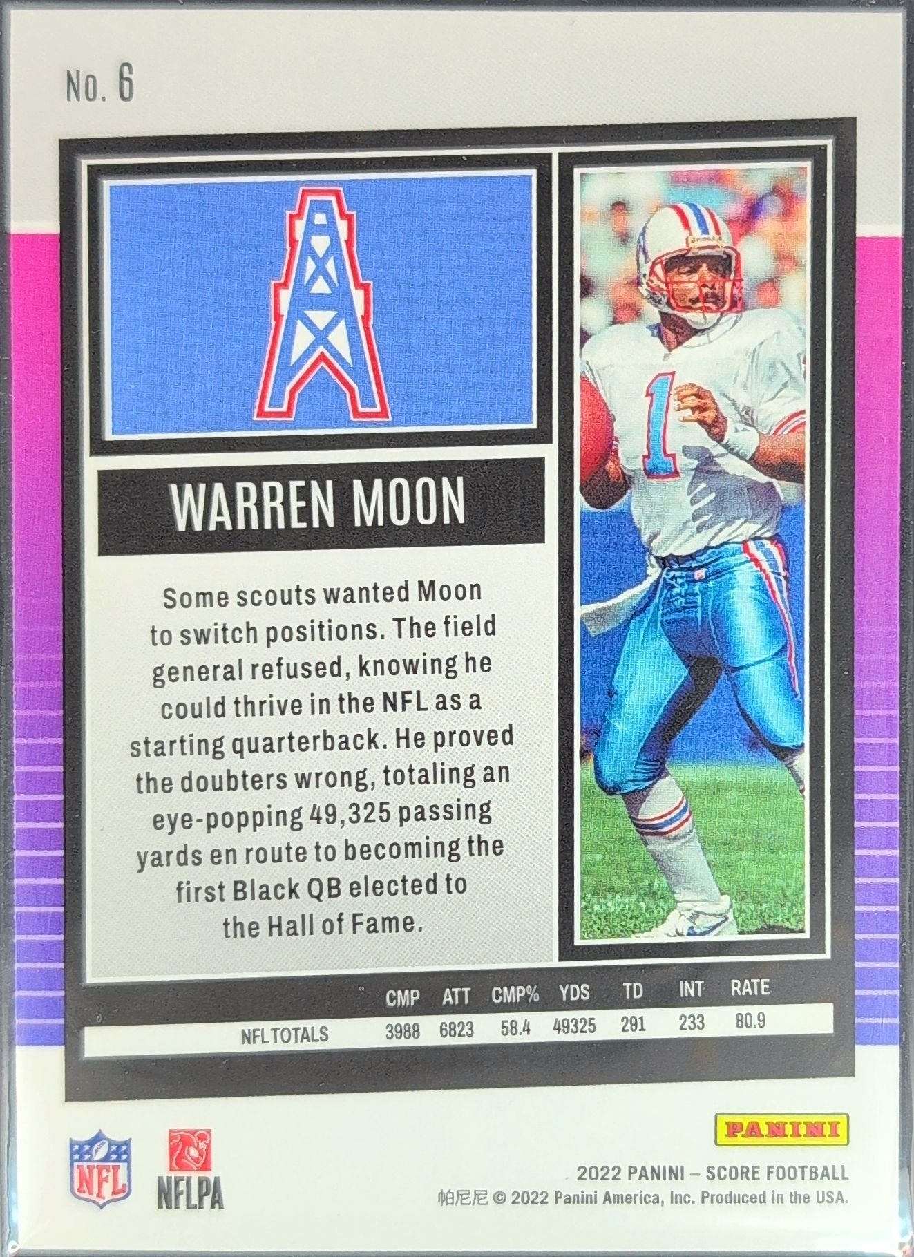 Warren Moon 2022 Score #6 Gold Houston Oilers - back image