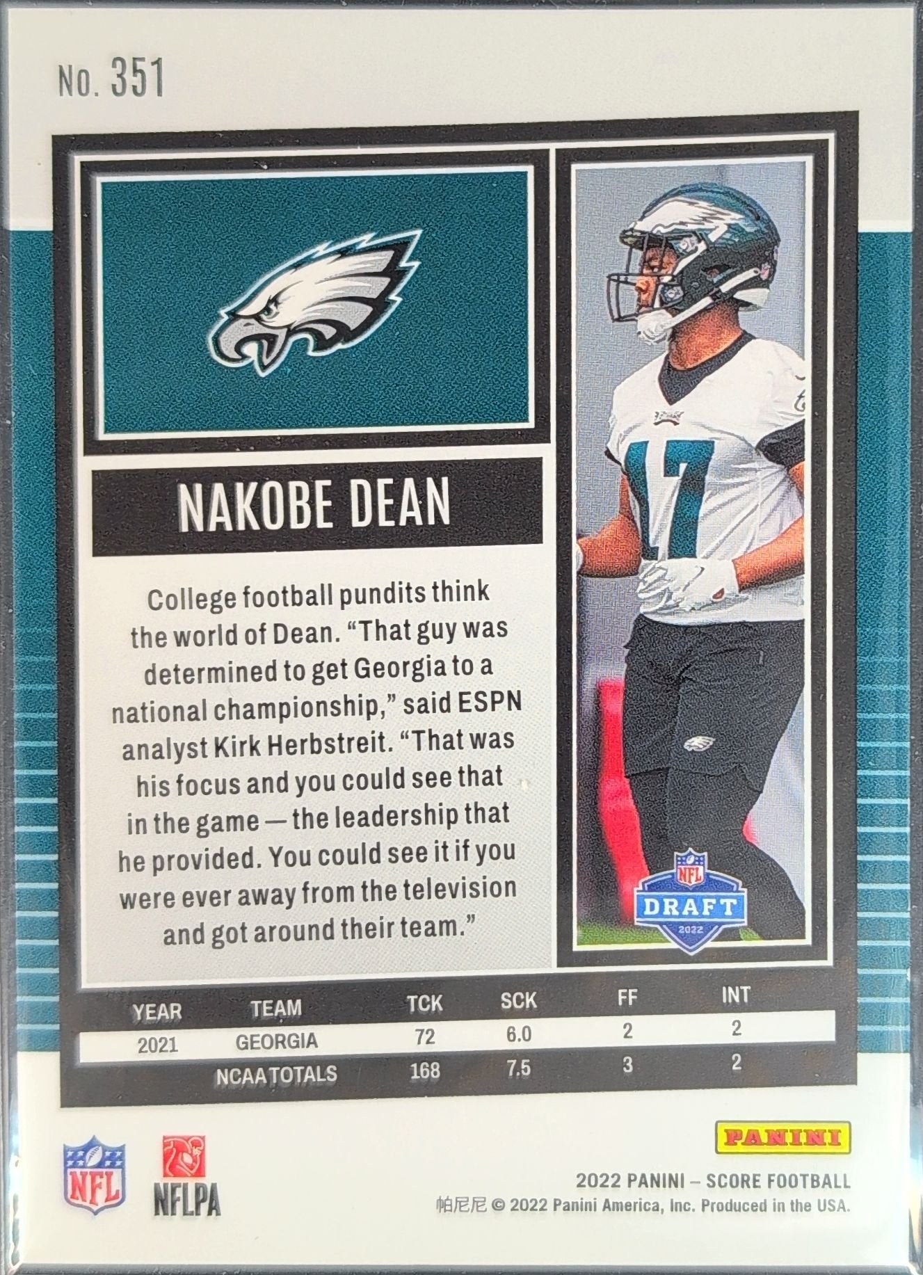 Nakobe Dean 2022 Score #351 Lava Rookie RC Philadelphia Eagles - back image