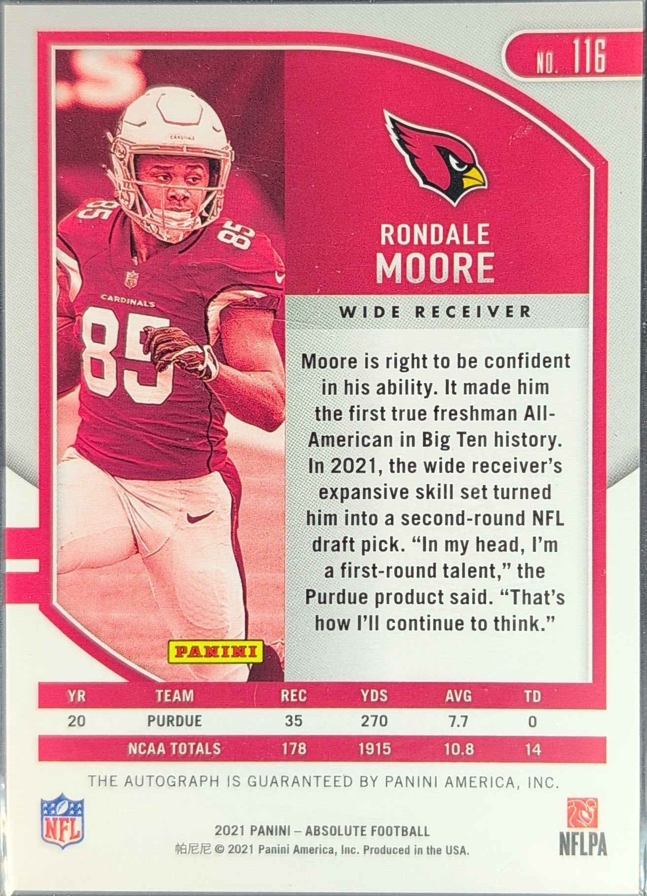 Rondale Moore 2021 Panini Certified #117 Mirror Rookie RC Arizona Cardinals - back image