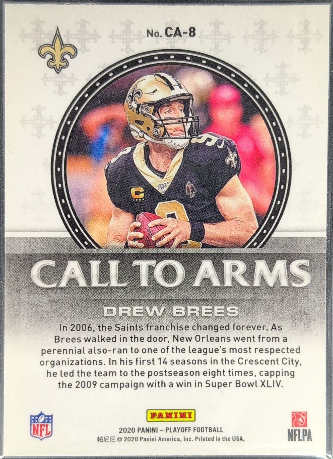 Drew Brees 2020 Panini Playoff #CA-8 Call to Arms New Orleans Saints - back image