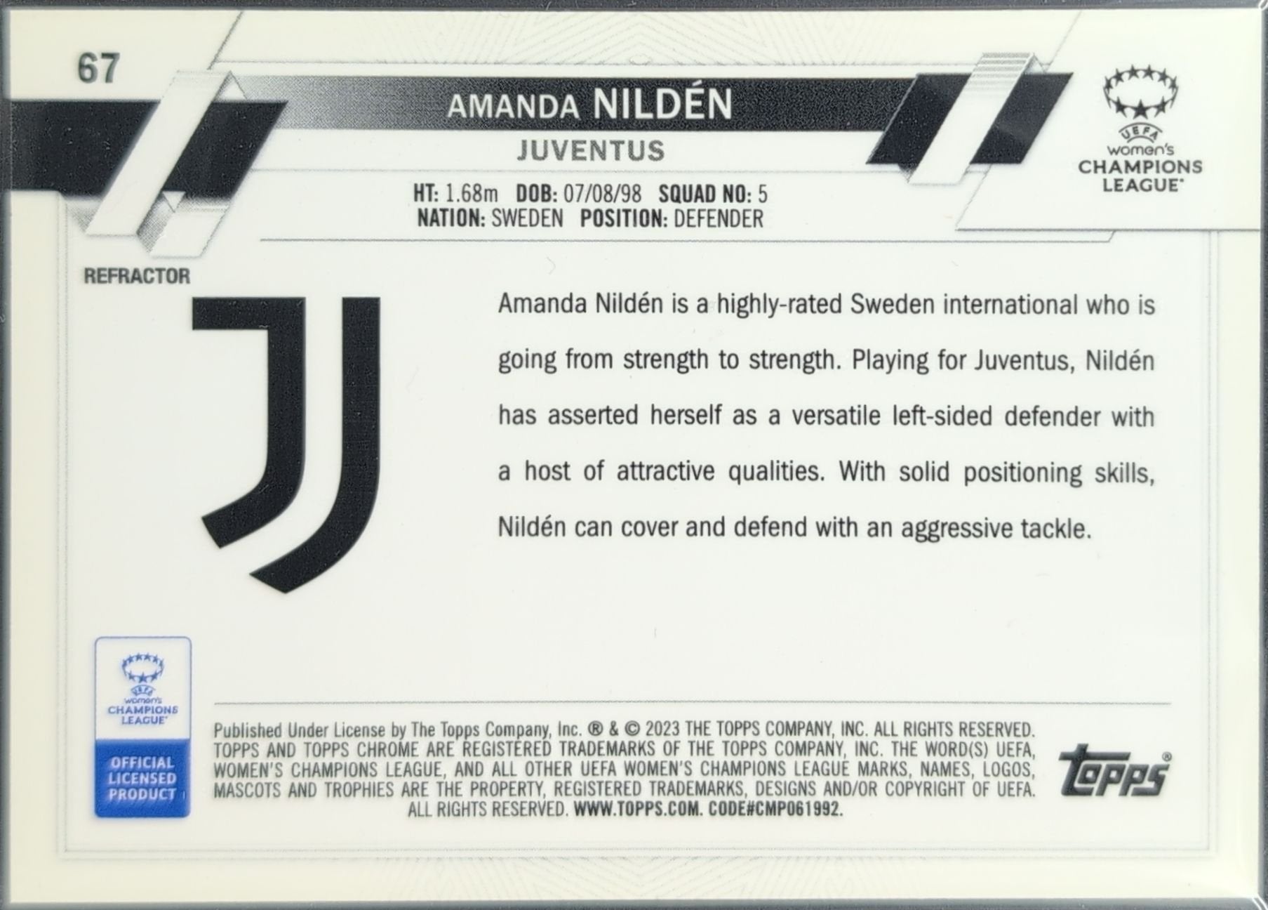 Amanda Nildén 2022-23 Topps Chrome UEFA Women's Champions League #67 Refractor Juventus Women - back image