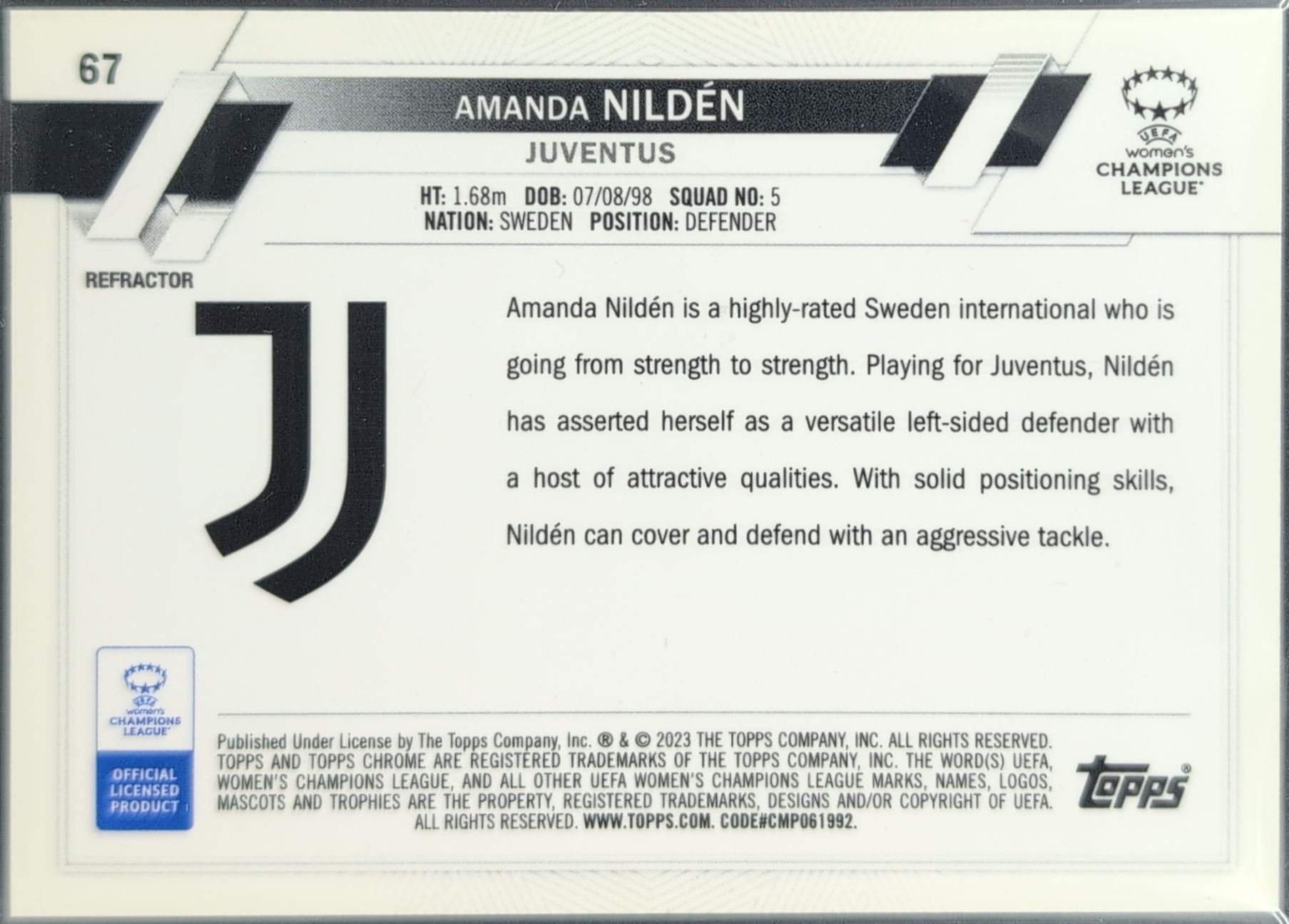 2022-23 Topps Chrome UEFA Women's Champions League Amanda Nildén #67 Refractor Juventus Women back