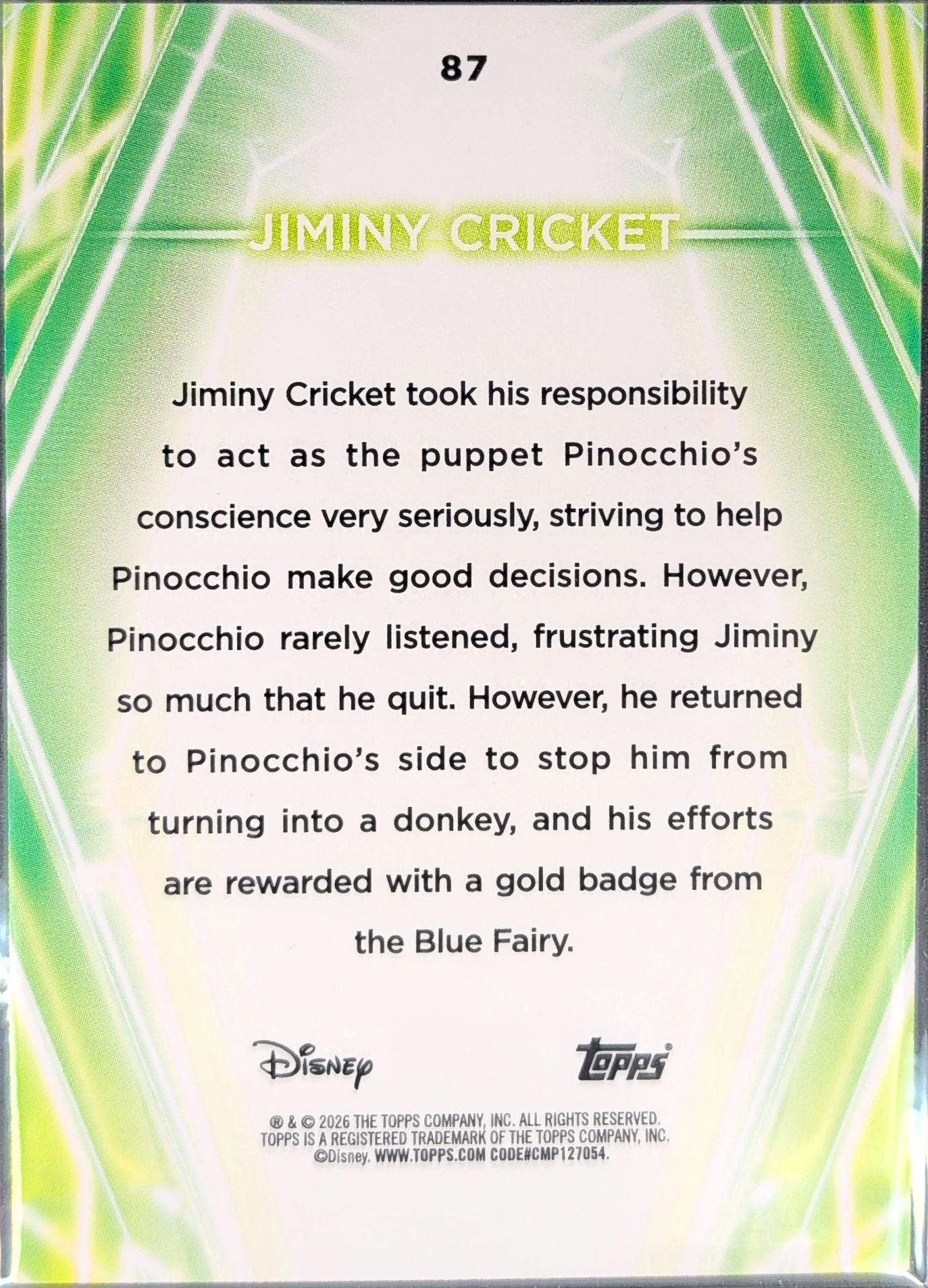 2026 Topps Disney Neon Jiminy Cricket #87 back