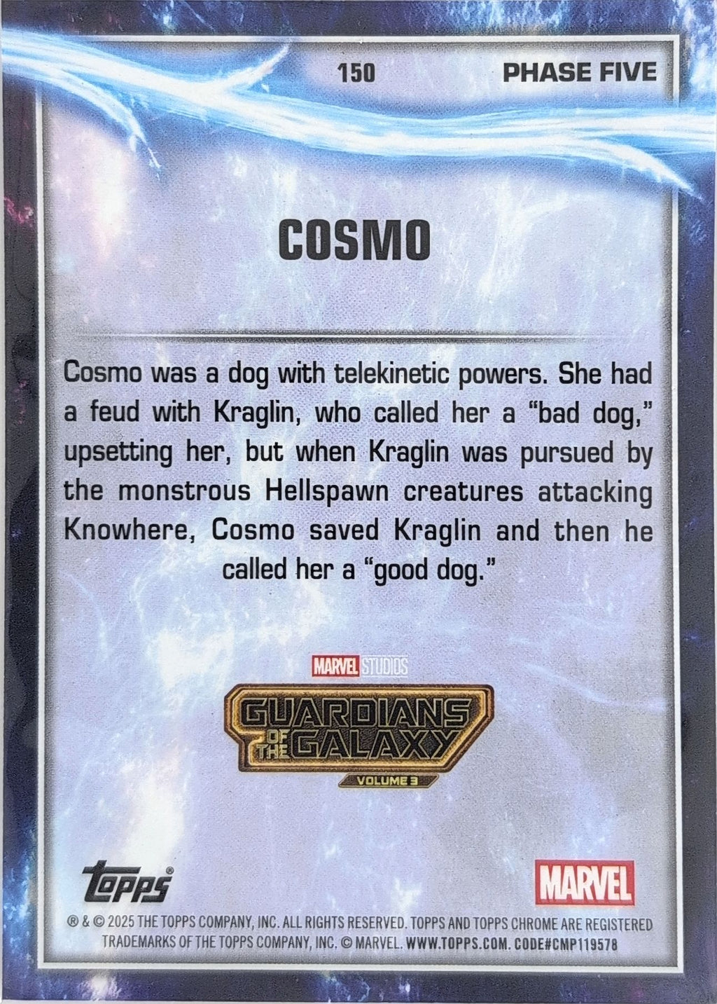 2025 Topps Chrome Marvel Studios Cosmo #150 back