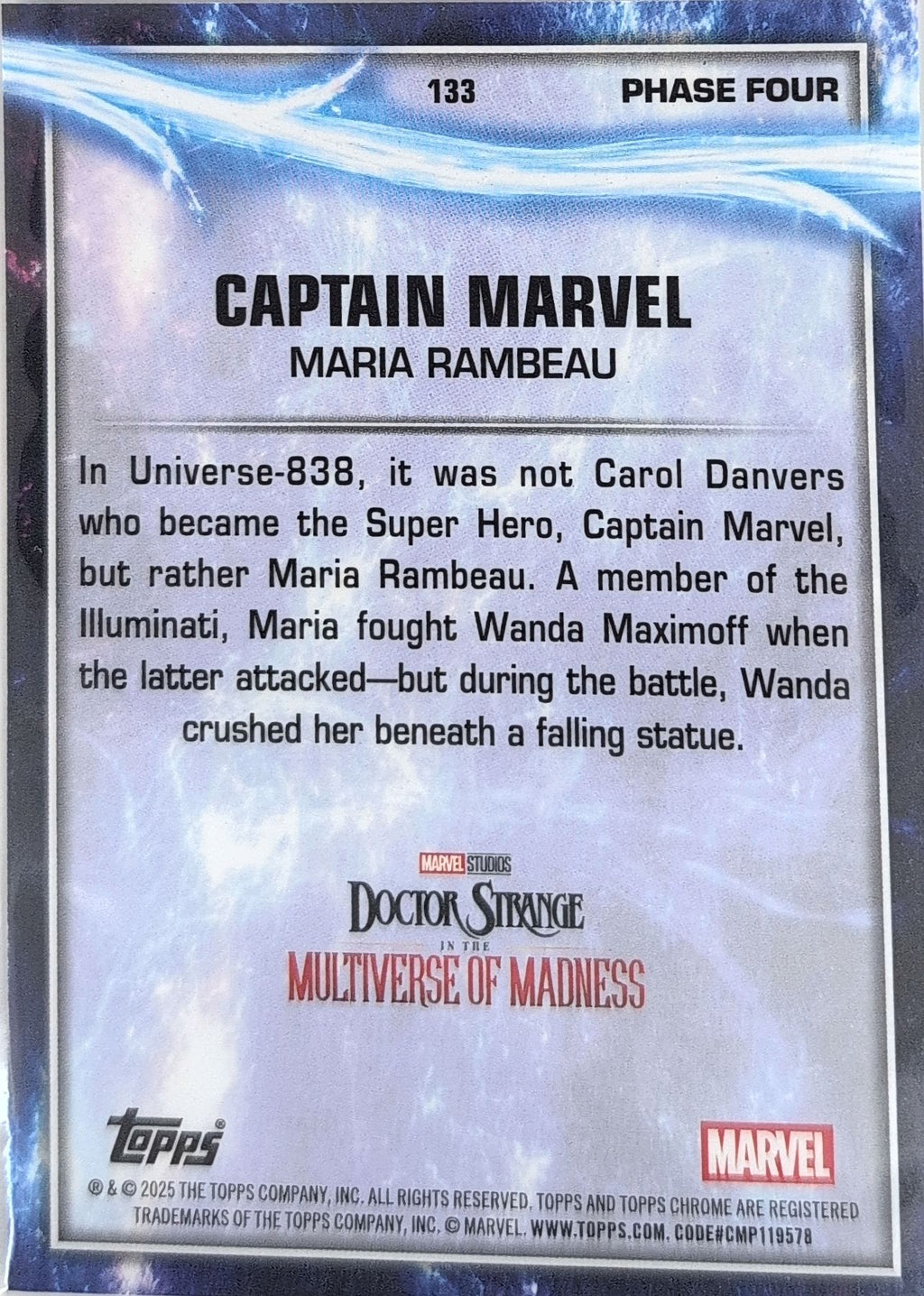 2025 Topps Chrome Marvel Studios Captain Marvel #133 Sky Blue RayWave Refractor back