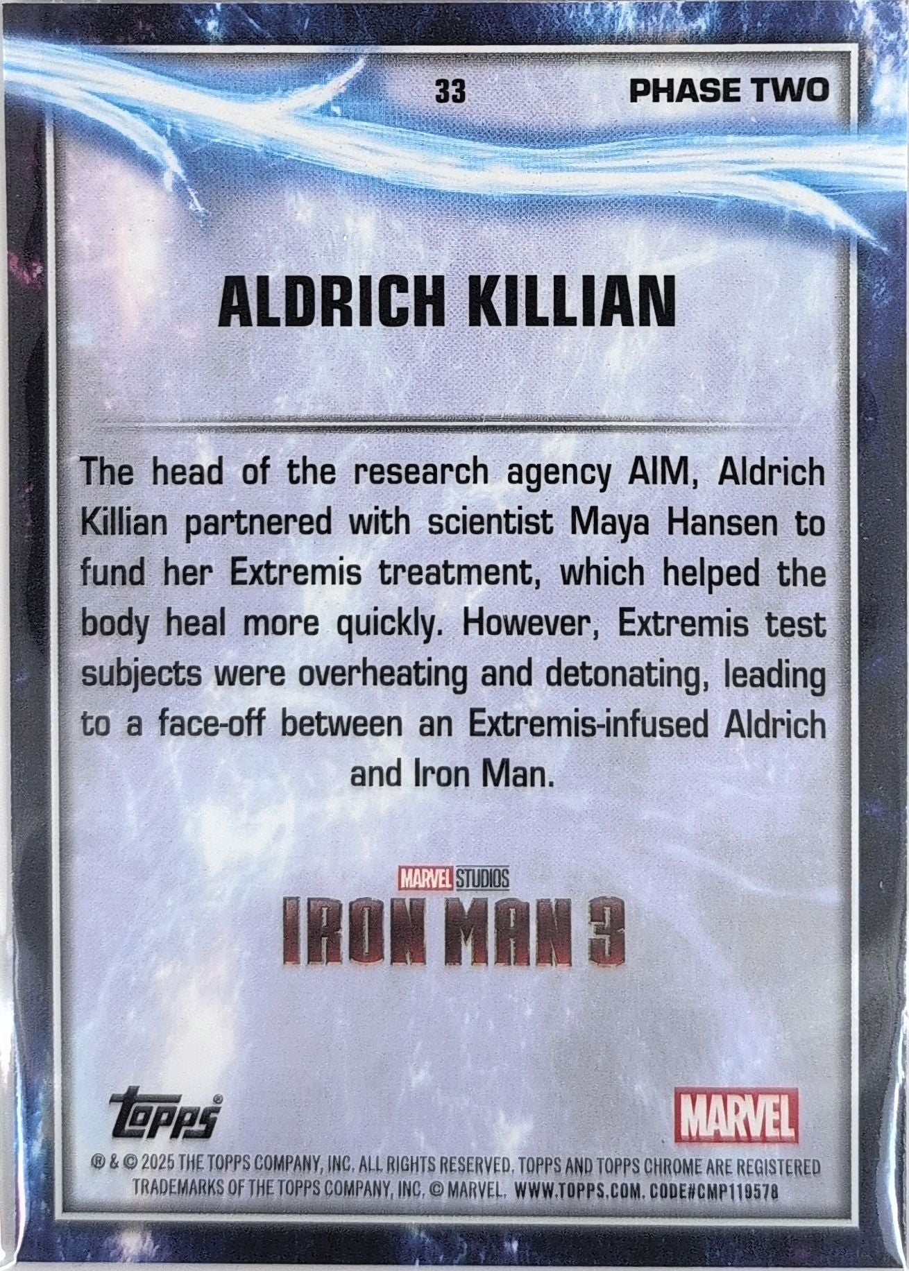 2025 Topps Chrome Marvel Studios Aldrich Killian #33 Sky Blue RayWave Refractor back