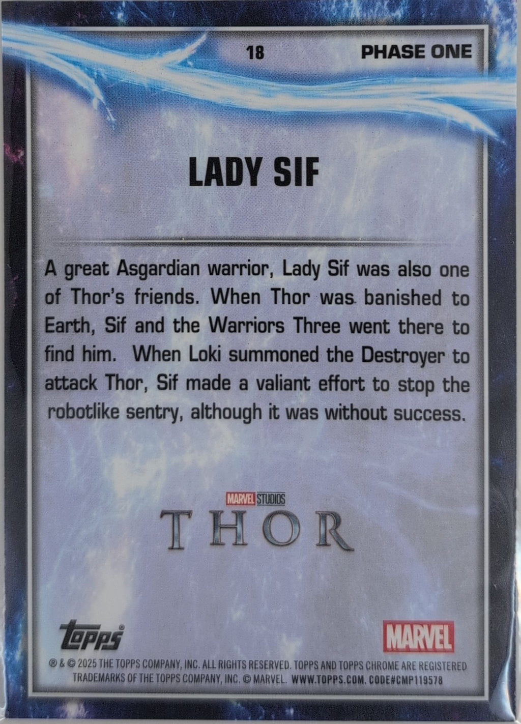 2025 Topps Chrome Marvel Studios Lady Sif #18 Sky Blue RayWave Refractor back