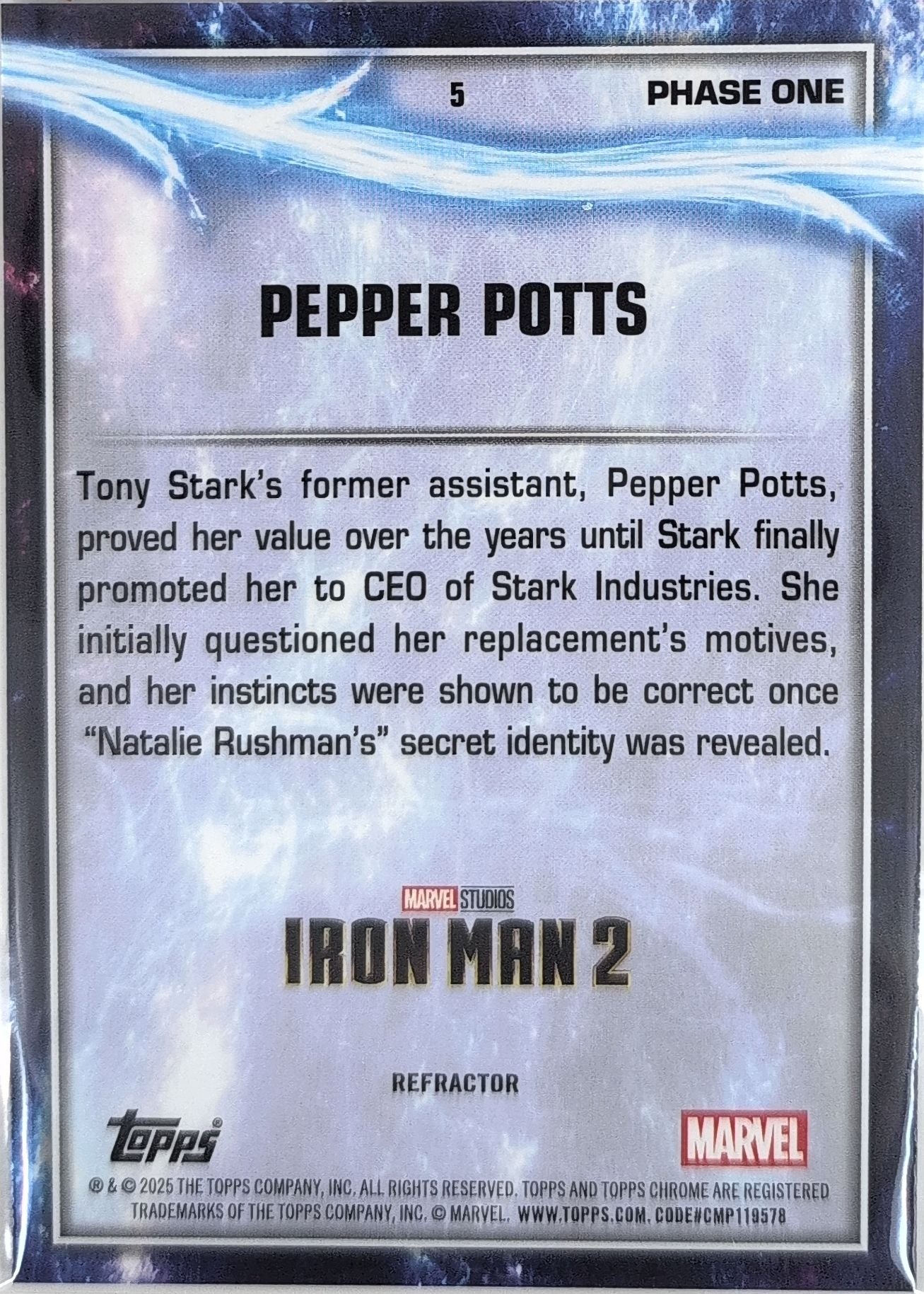2025 Topps Chrome Marvel Studios Pepper Potts #5 Rainbow Refractor back