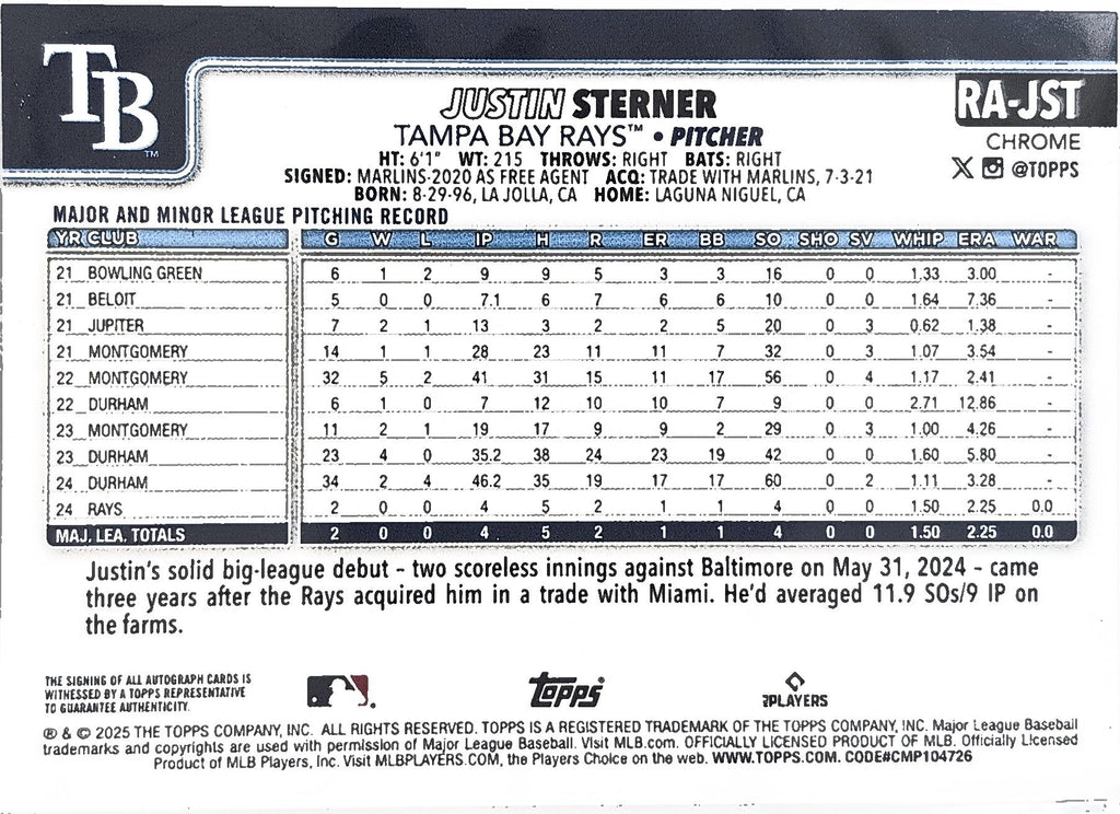 2025 Topps Chrome Justin Sterner #RA-JST Rookie Autographs Green Refractors SN,AU Tampa Bay Rays back