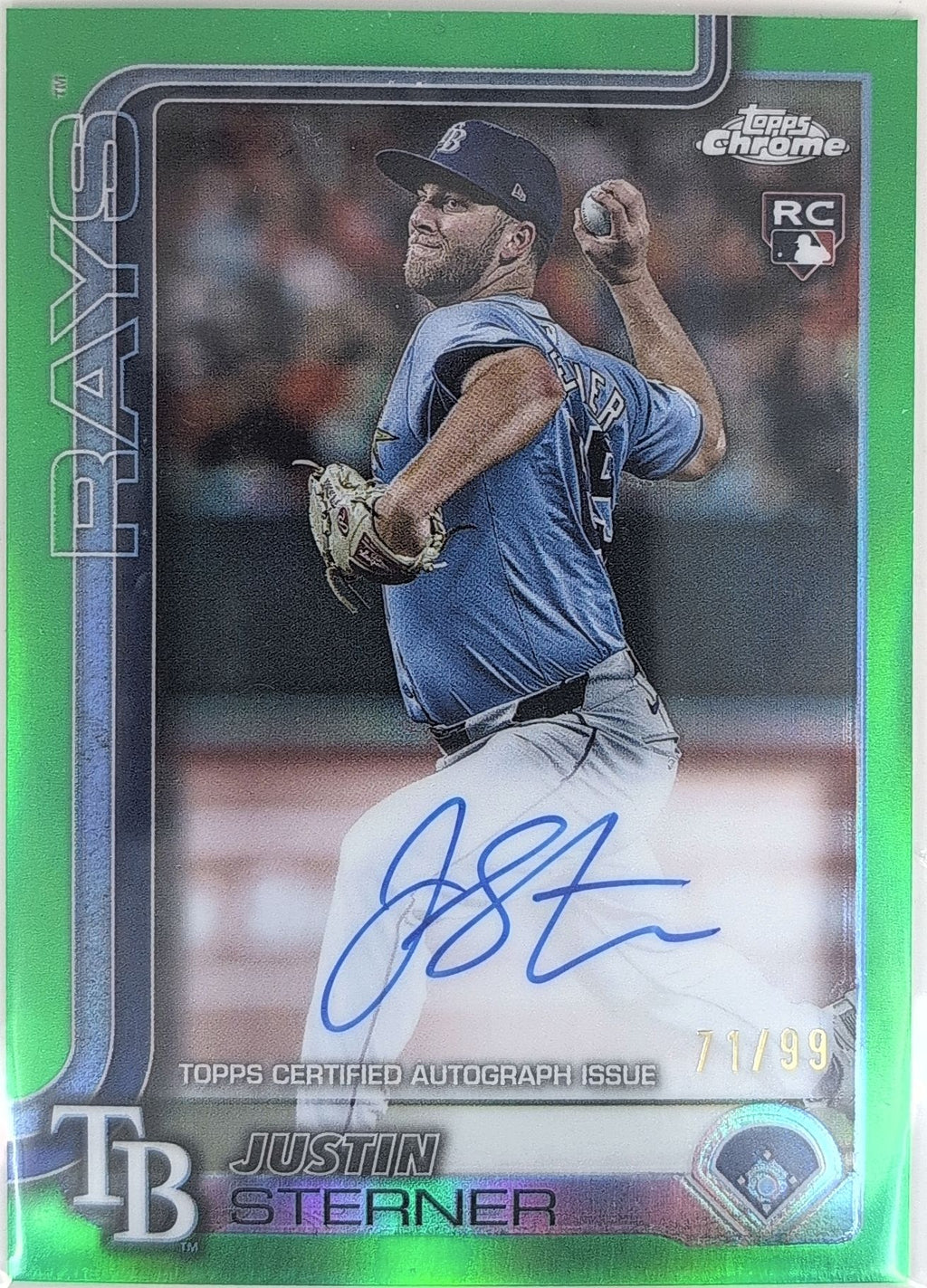 2025 Topps Chrome Justin Sterner #RA-JST Rookie Autographs Green Refractors SN,AU Tampa Bay Rays front