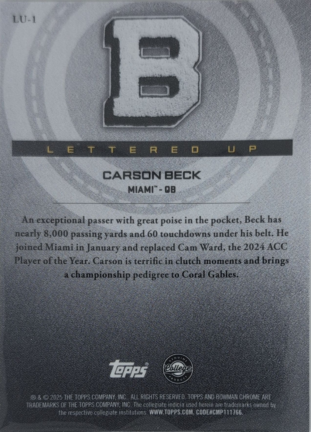 2025 Bowman University Chrome Carson Beck #LU-1 Lettered Up Miami Hurricanes back