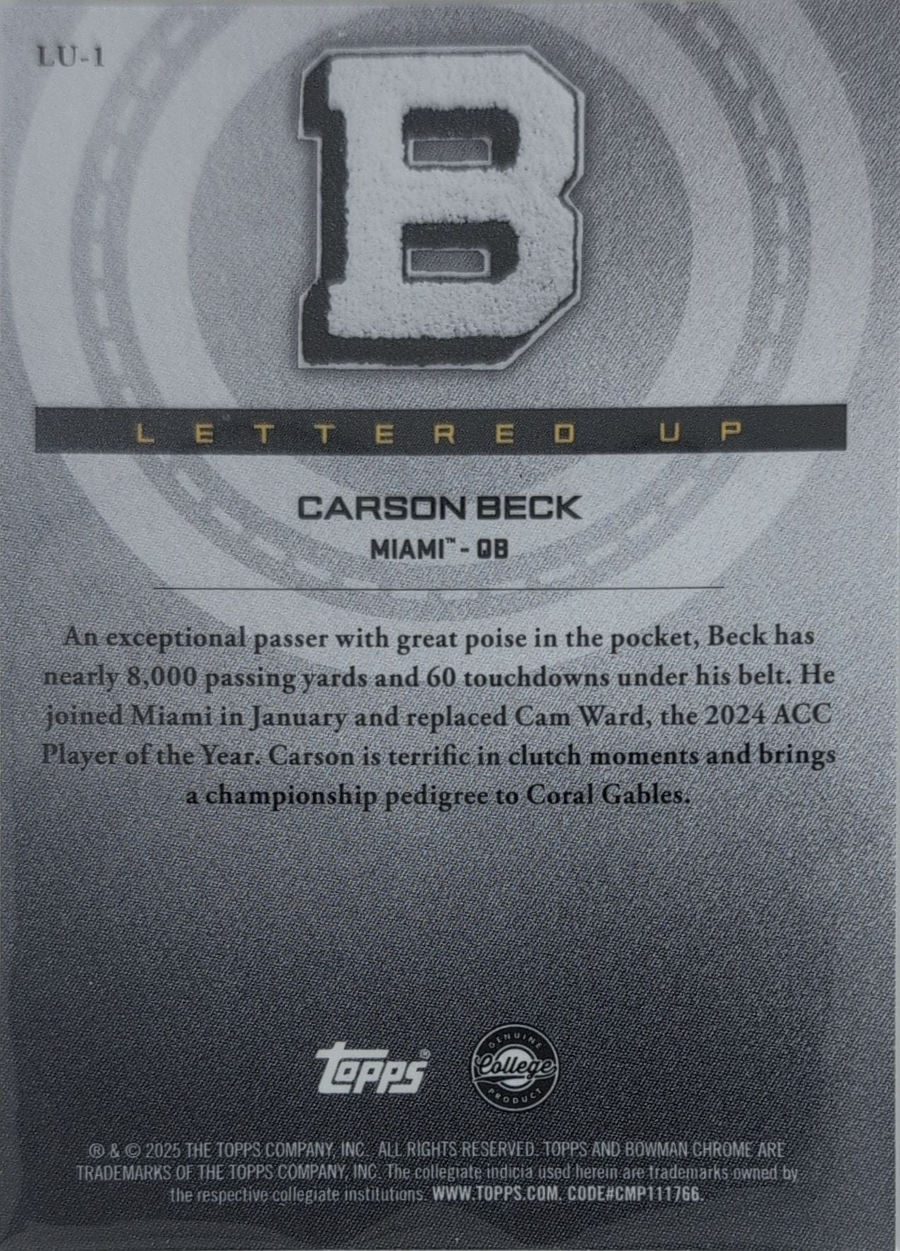 2025 Bowman University Chrome Carson Beck #LU-1 Lettered Up Miami Hurricanes back