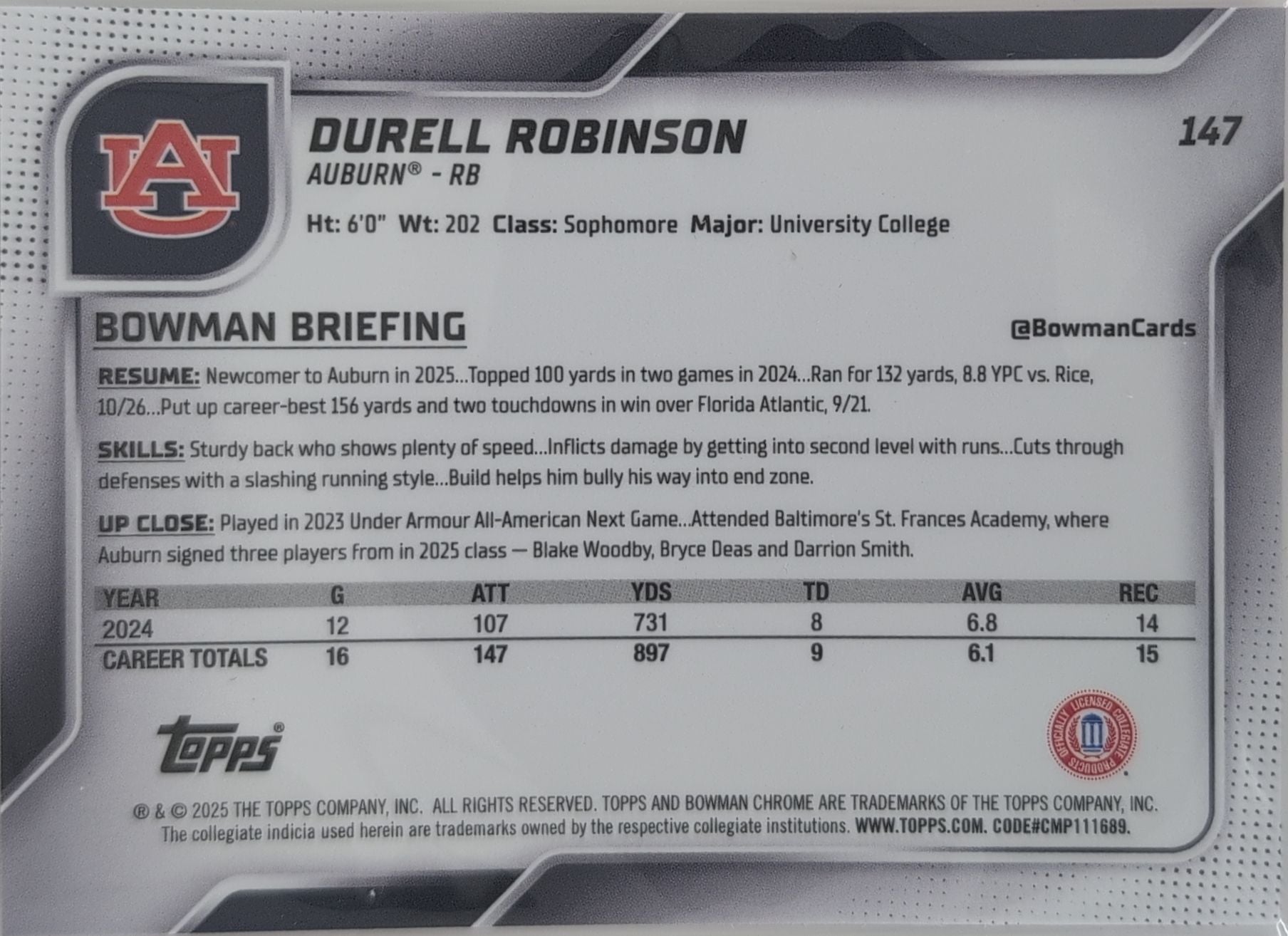 2025 Bowman University Chrome Durell Robinson #147 Pink Lava Refractor Auburn Tigers back