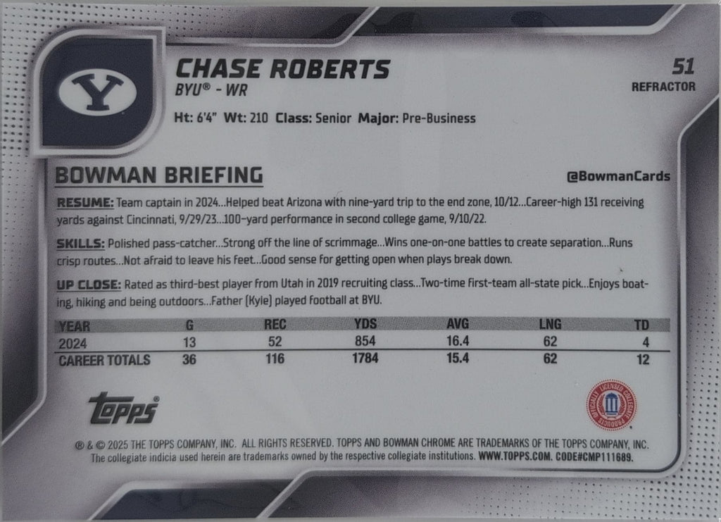 2025 Bowman University Chrome Chase Roberts #51 Refractor BYU Cougars back