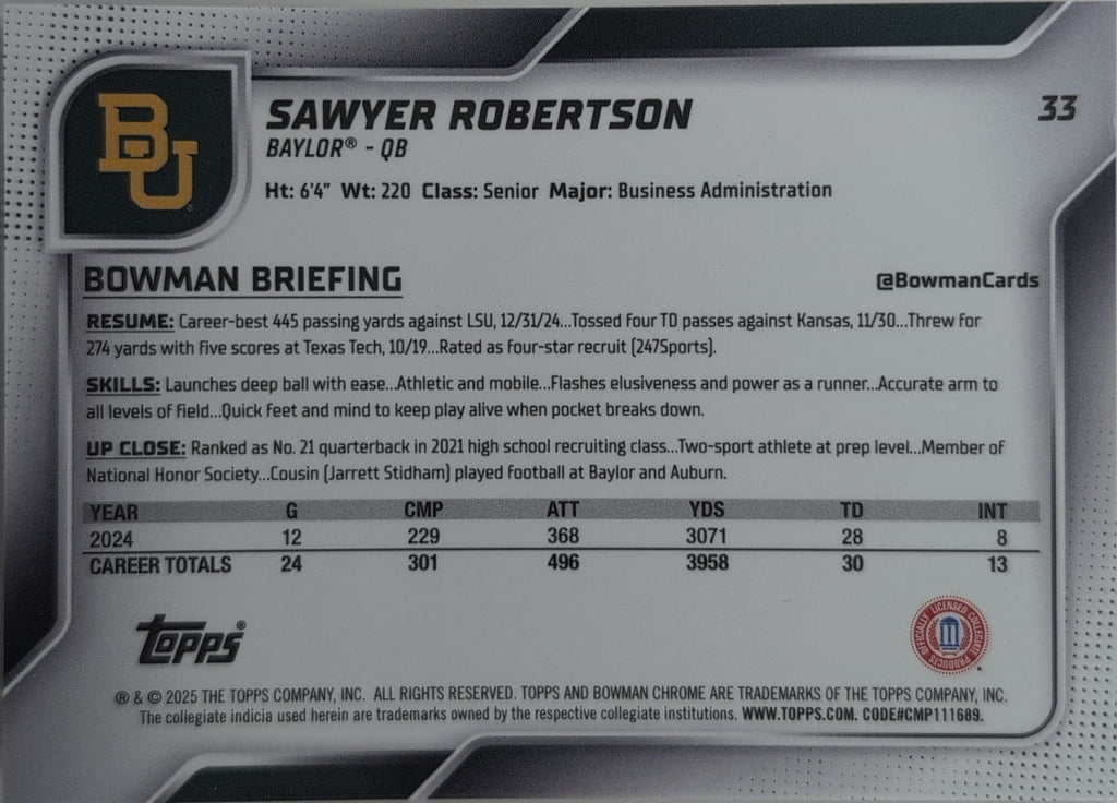 2025 Bowman University Chrome Sawyer Robertson #33 Pink Lava Refractor Baylor Bears back