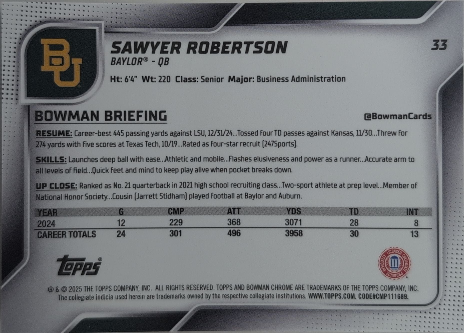 2025 Bowman University Chrome Sawyer Robertson #33 Pink Lava Refractor Baylor Bears back