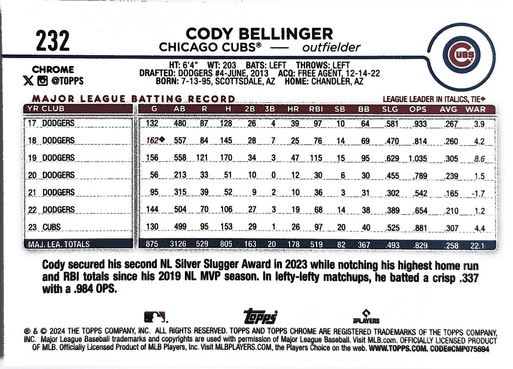 2024 Topps Chrome Cody Bellinger #232 X-Fractors Chicago Cubs back