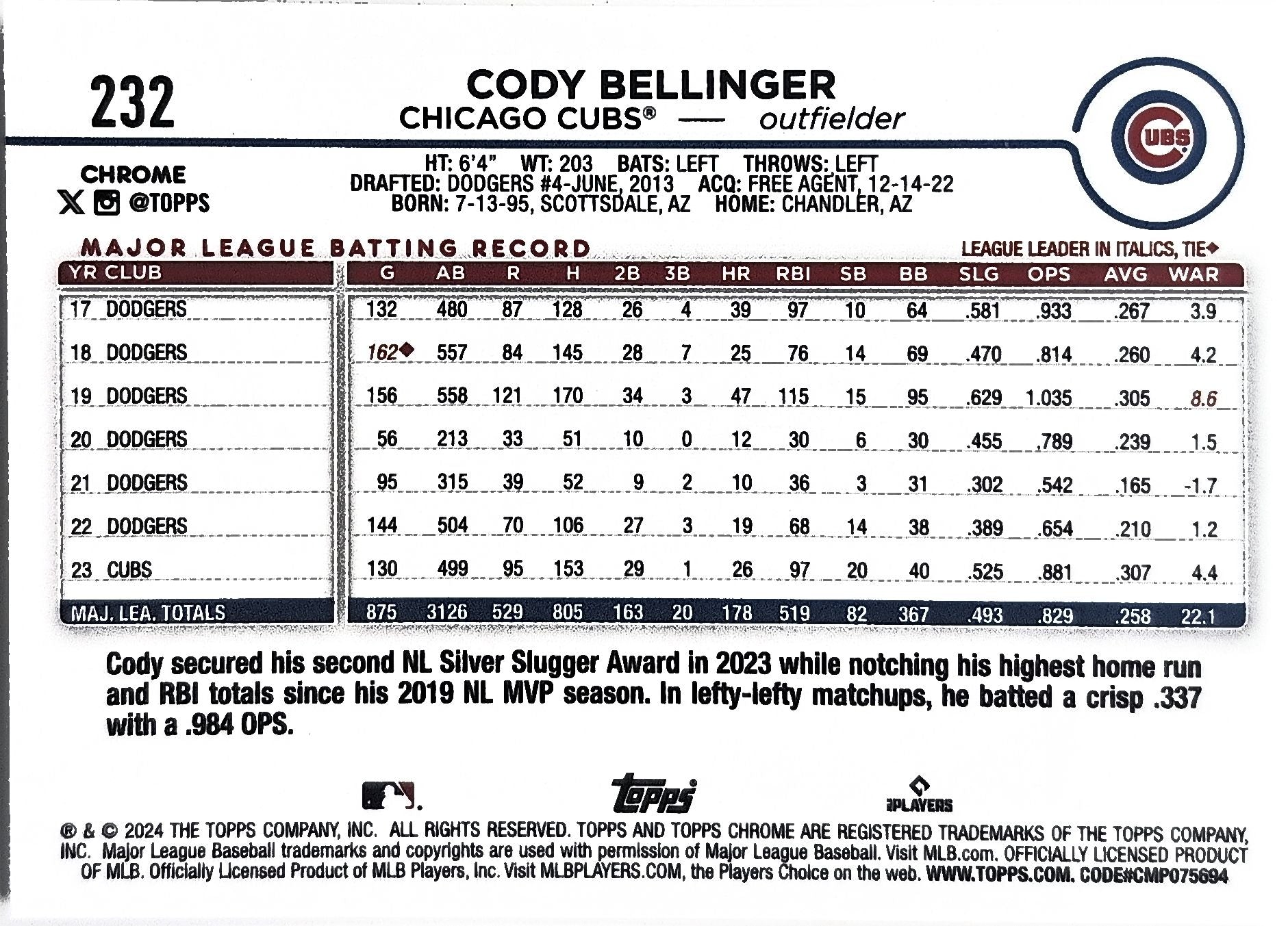 2024 Topps Chrome Cody Bellinger #232 X-Fractors Chicago Cubs back