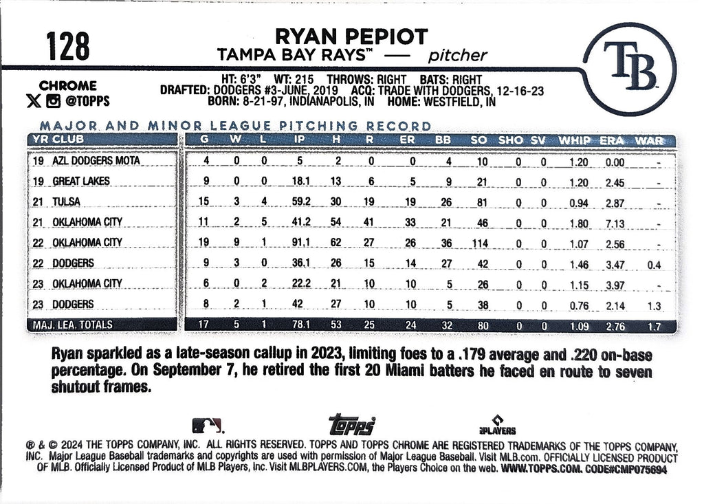 2024 Topps Chrome Ryan Pepiot #128 X-Fractors Tampa Bay Rays back