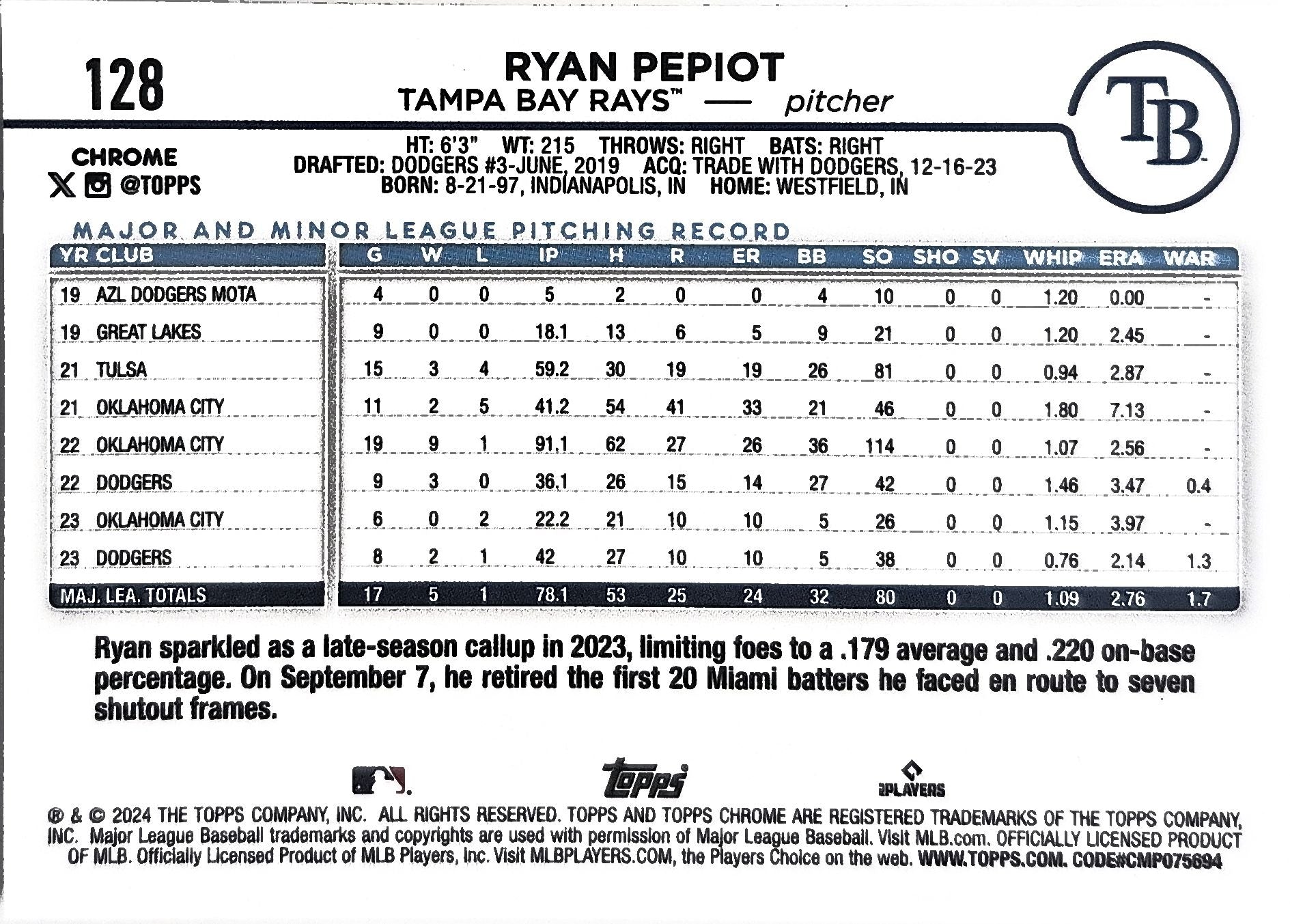 2024 Topps Chrome Ryan Pepiot #128 X-Fractors Tampa Bay Rays back