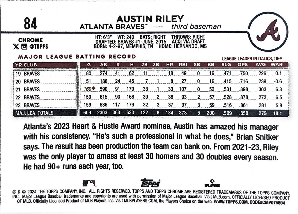2024 Topps Chrome Austin Riley #84 X-Fractors Atlanta Braves back