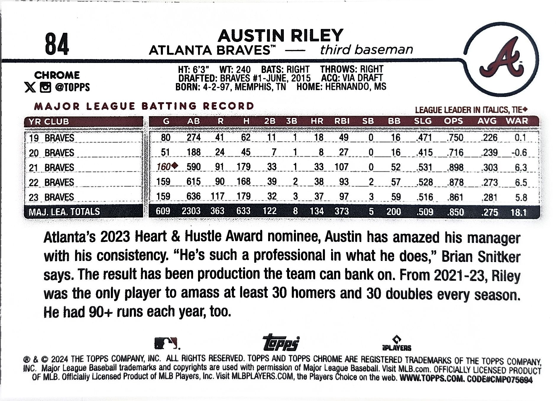 2024 Topps Chrome Austin Riley #84 X-Fractors Atlanta Braves back