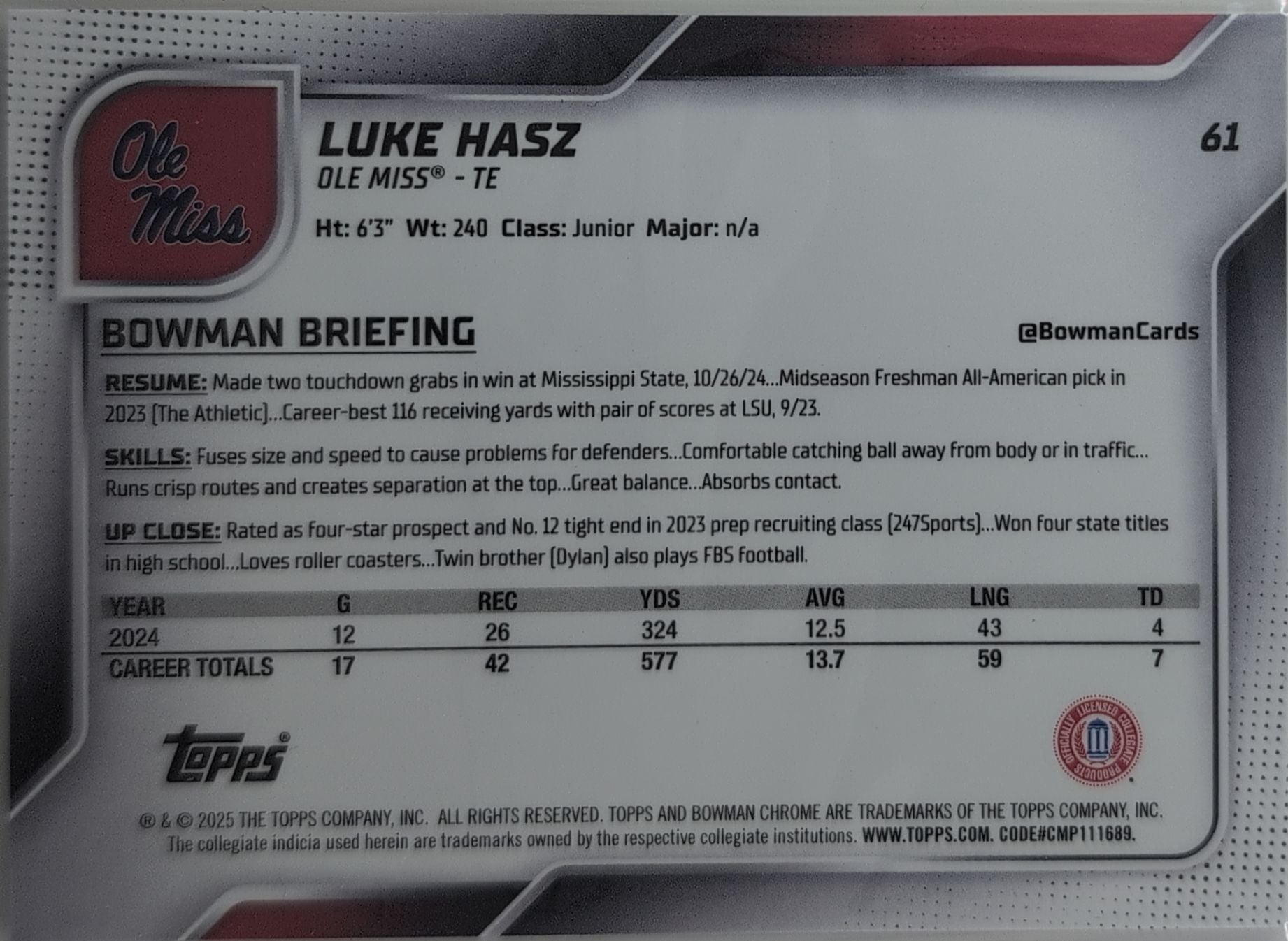2025 Bowman University Chrome Luke Hasz #61 Ole Miss Rebels back
