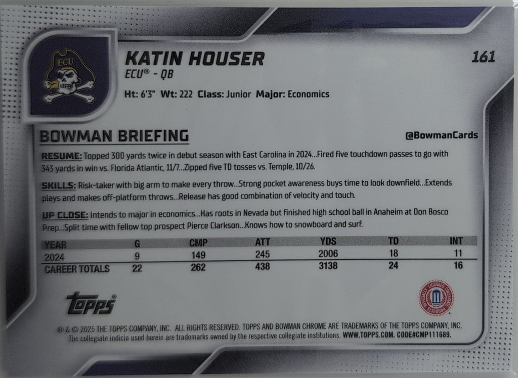 2025 Bowman University Chrome Katin Houser #161 East Carolina Pirates back