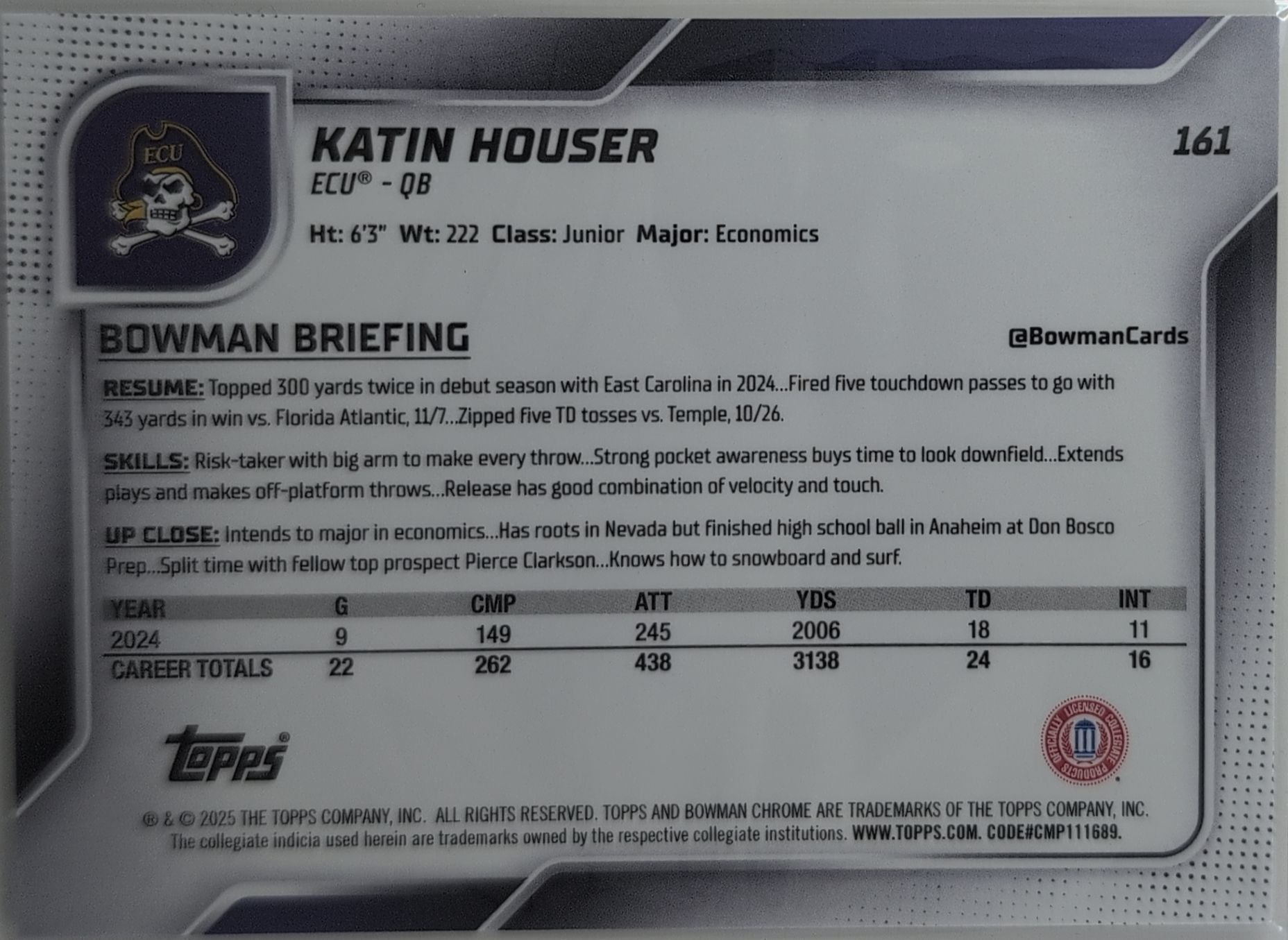 2025 Bowman University Chrome Katin Houser #161 East Carolina Pirates back