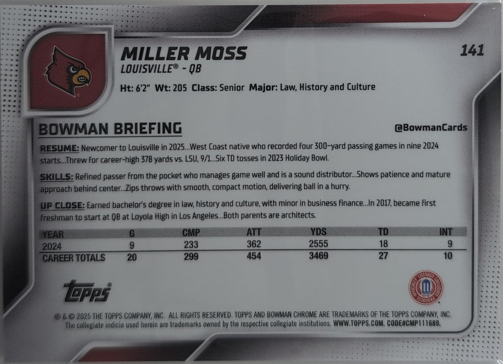 2025 Bowman University Chrome Miller Moss #141 Louisville Cardinals back