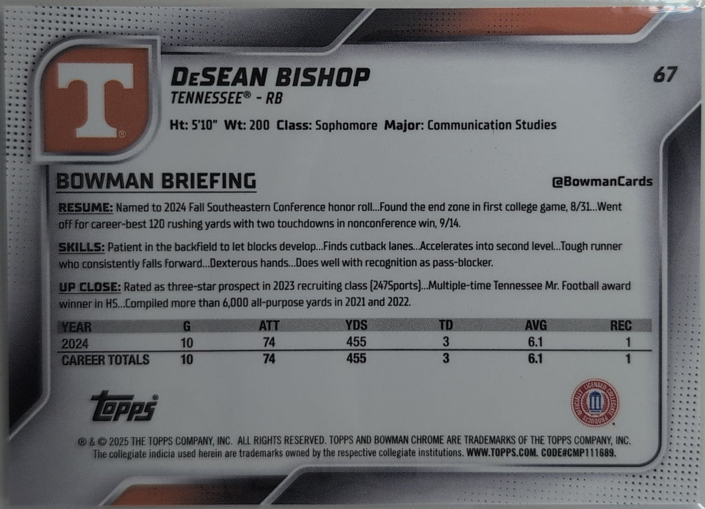 2025 Bowman University Chrome DeSean Bishop #67 Tennessee Volunteers back