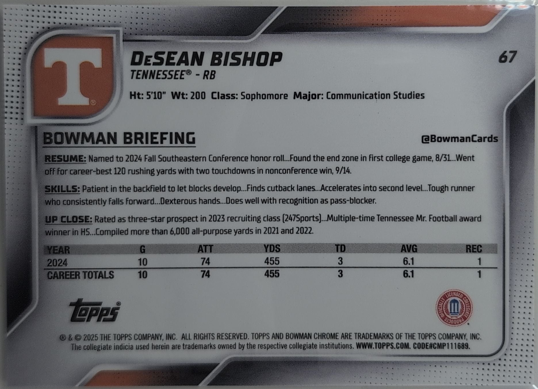2025 Bowman University Chrome DeSean Bishop #67 Tennessee Volunteers back
