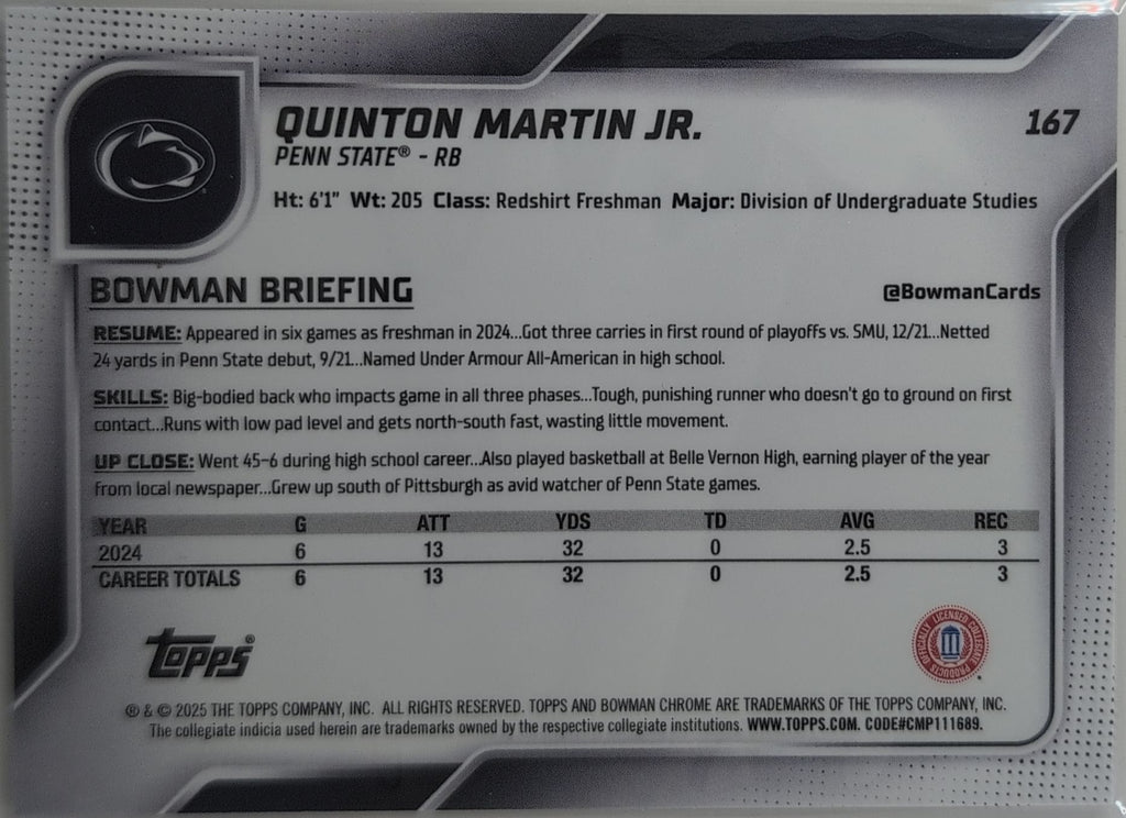 2025 Bowman University Chrome Quinton Martin Jr. #167 Penn State Nittany Lions back