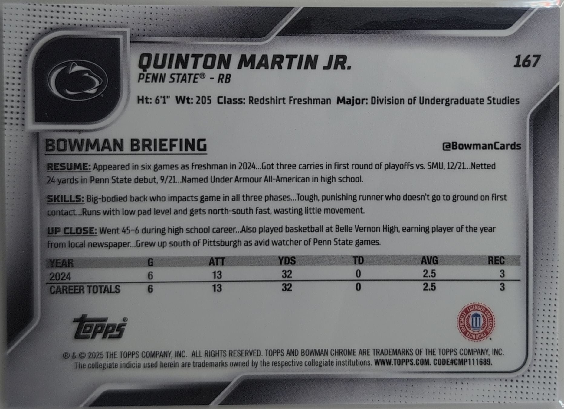 2025 Bowman University Chrome Quinton Martin Jr. #167 Penn State Nittany Lions back