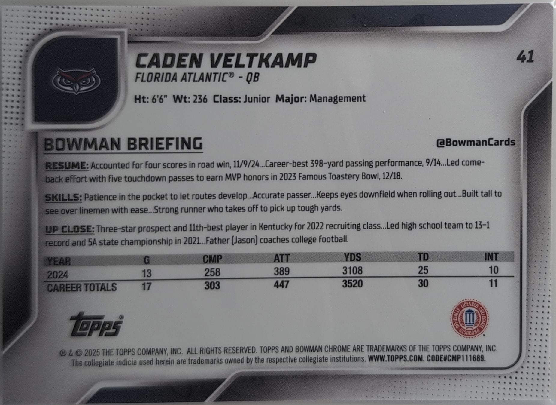 2025 Bowman University Chrome Caden Veltkamp #41 Florida Atlantic Owls back