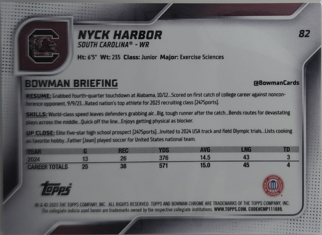 2025 Bowman University Chrome Nyck Harbor #82 South Carolina Gamecocks back