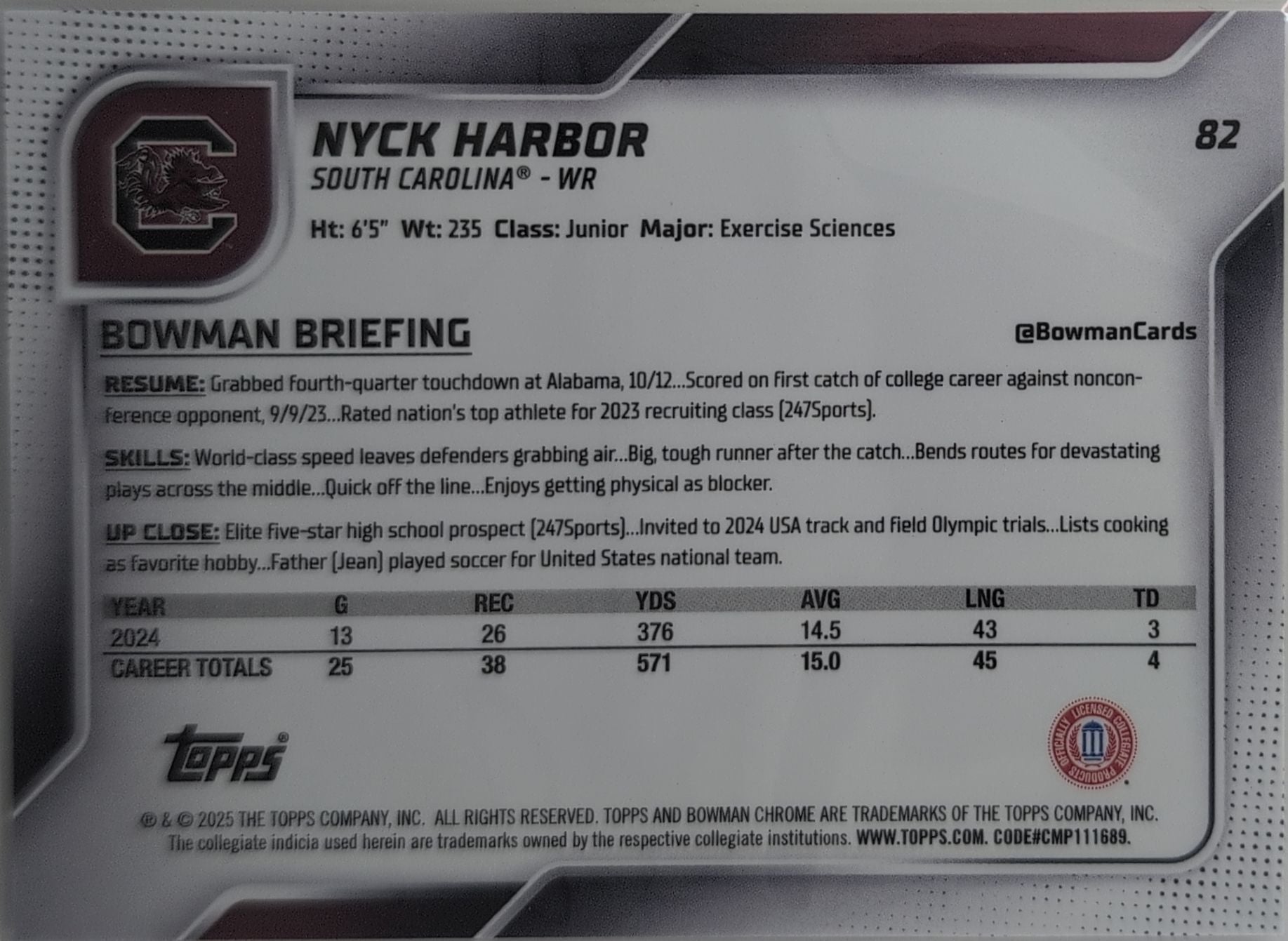 2025 Bowman University Chrome Nyck Harbor #82 South Carolina Gamecocks back