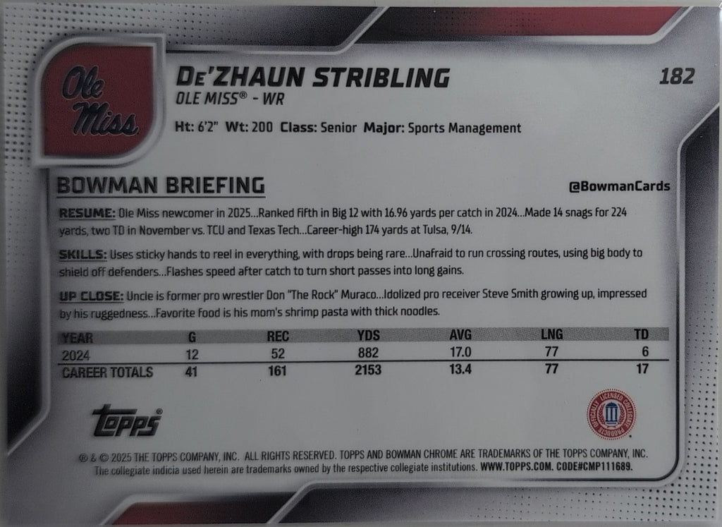 2025 Bowman University Chrome De'Zhaun Stribling #182 Ole Miss Rebels back