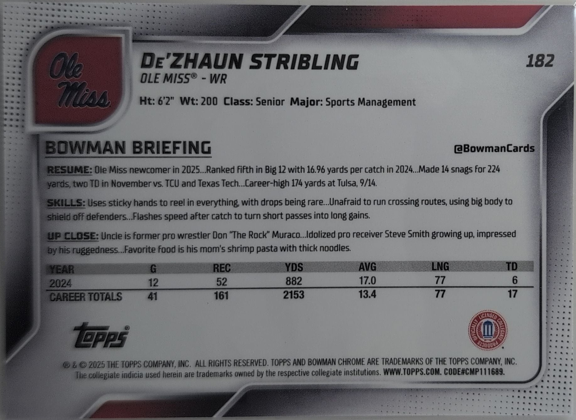 2025 Bowman University Chrome De'Zhaun Stribling #182 Ole Miss Rebels back