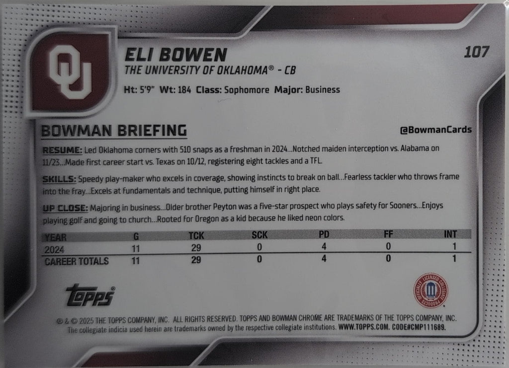 2025 Bowman University Chrome Eli Bowen #107 Oklahoma Sooners back
