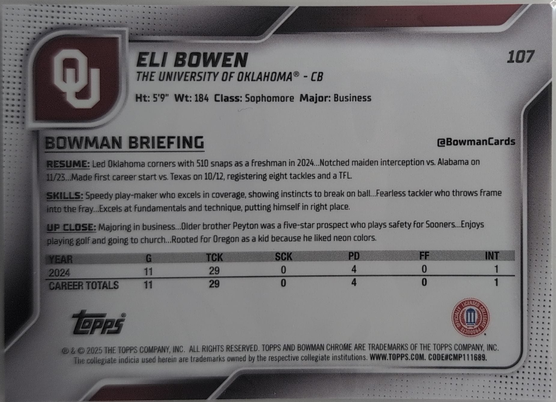 2025 Bowman University Chrome Eli Bowen #107 Oklahoma Sooners back
