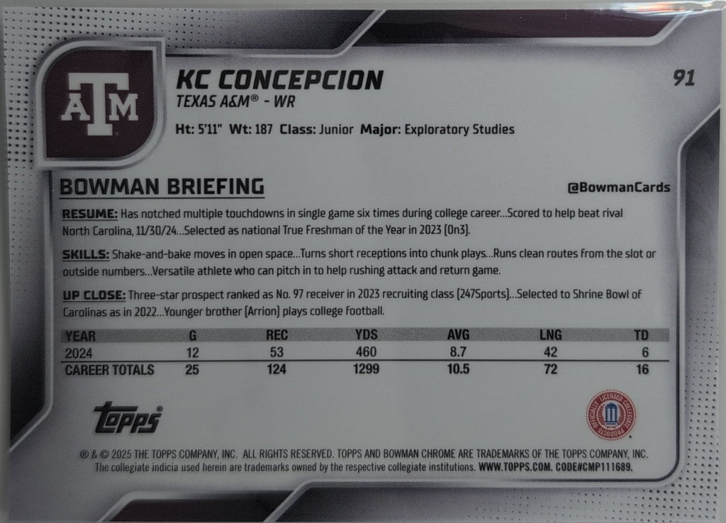 2025 Bowman University Chrome KC Concepcion #91 Texas A&M Aggies back