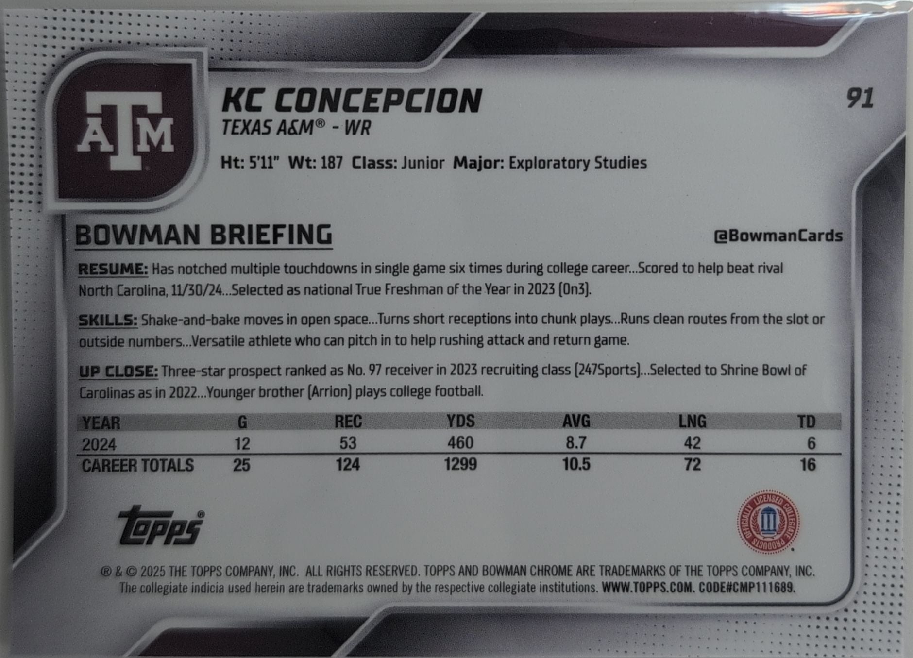2025 Bowman University Chrome KC Concepcion #91 Texas A&M Aggies back