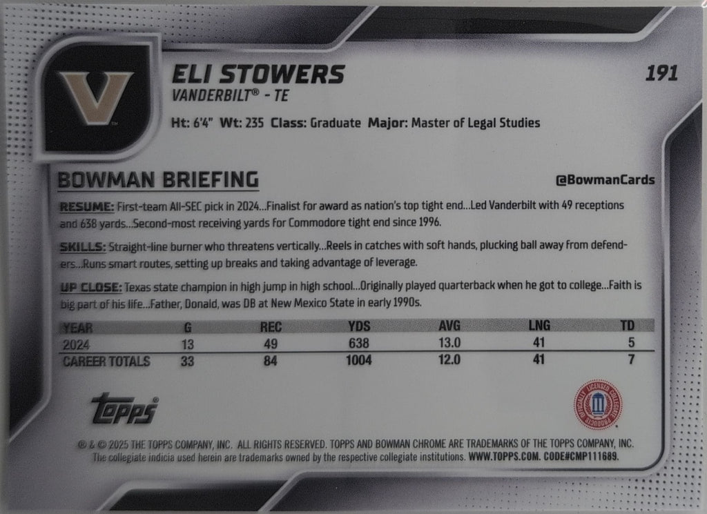 2025 Bowman University Chrome Eli Stowers #191 Vanderbilt Commodores back
