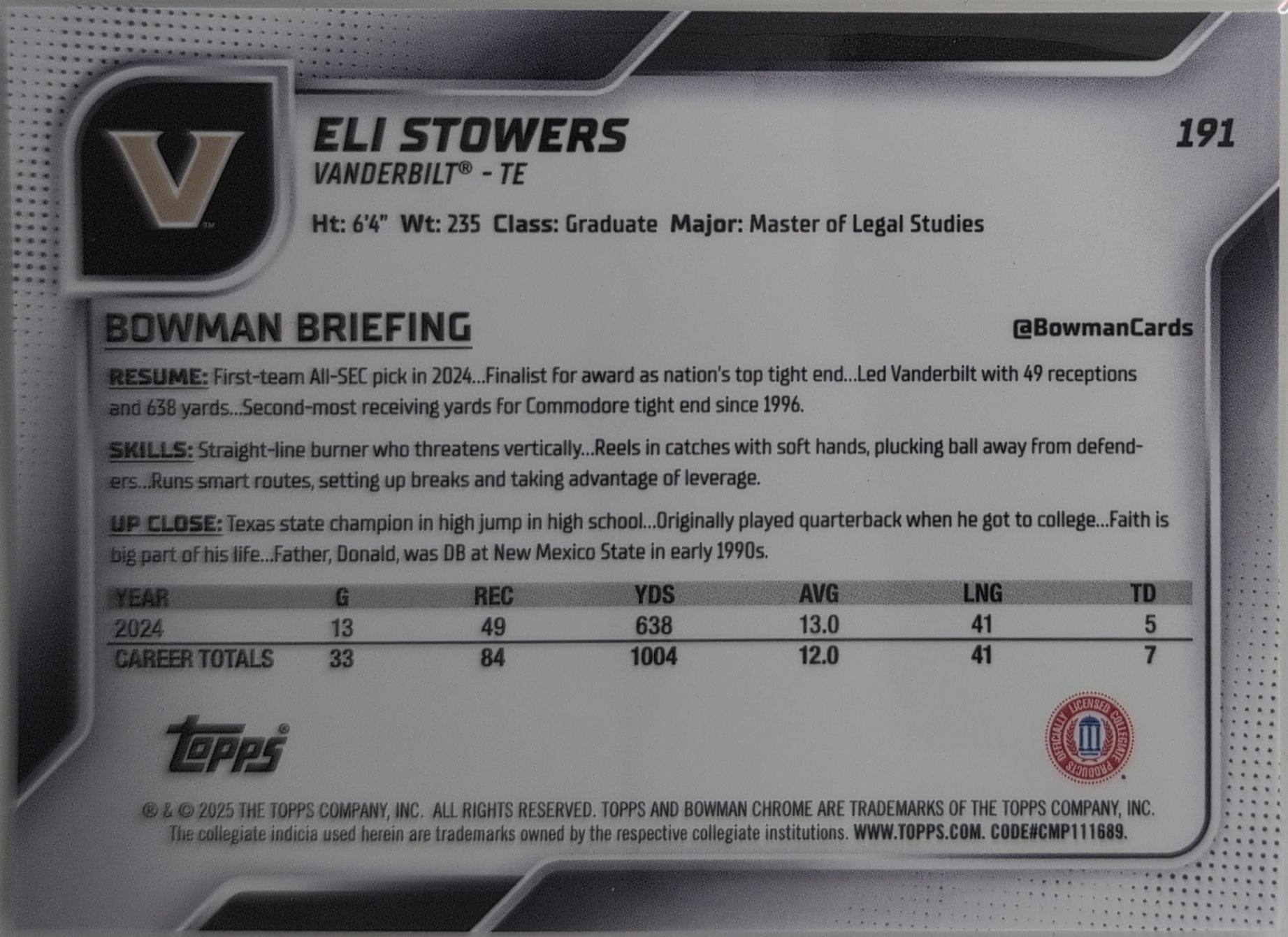 2025 Bowman University Chrome Eli Stowers #191 Vanderbilt Commodores back