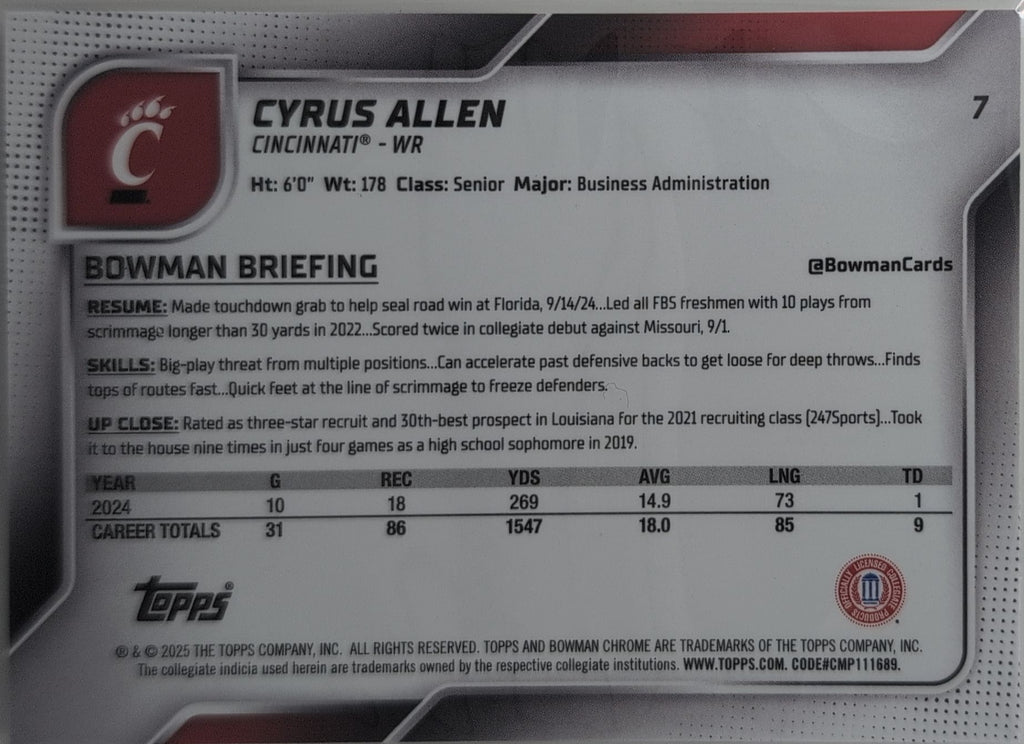 2025 Bowman University Chrome Cyrus Allen #7 Cincinnati Bearcats back