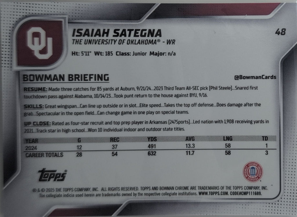 2025 Bowman University Chrome Isaiah Sategna #48 Oklahoma Sooners back