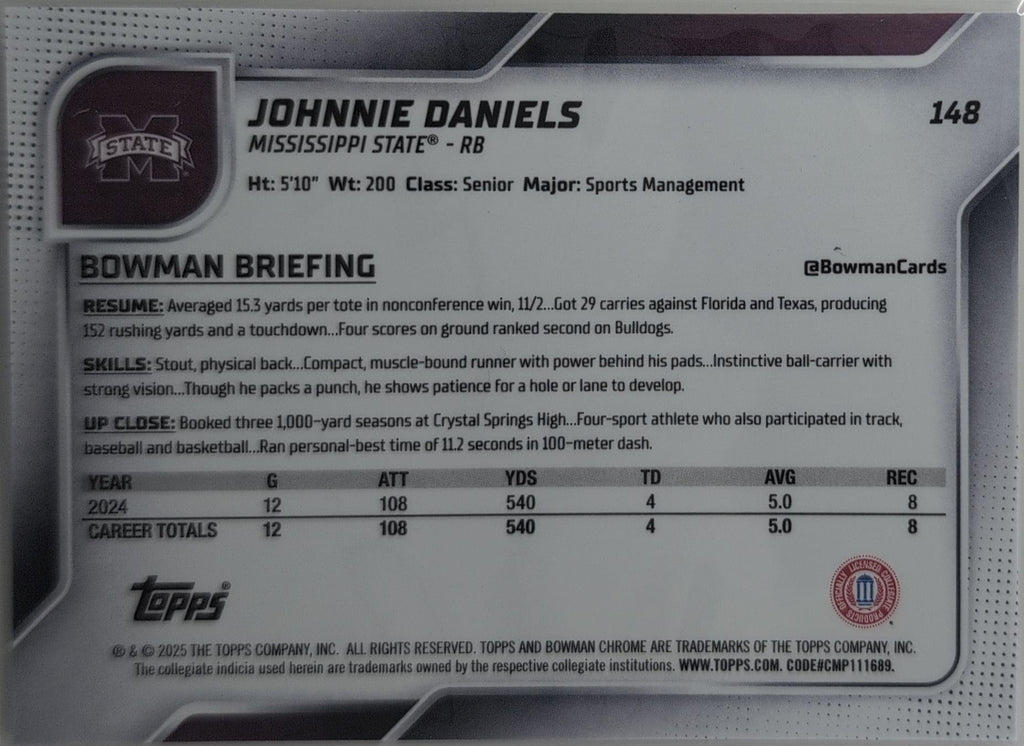2025 Bowman University Chrome Johnnie Daniels #148 Mississippi State Bulldogs back